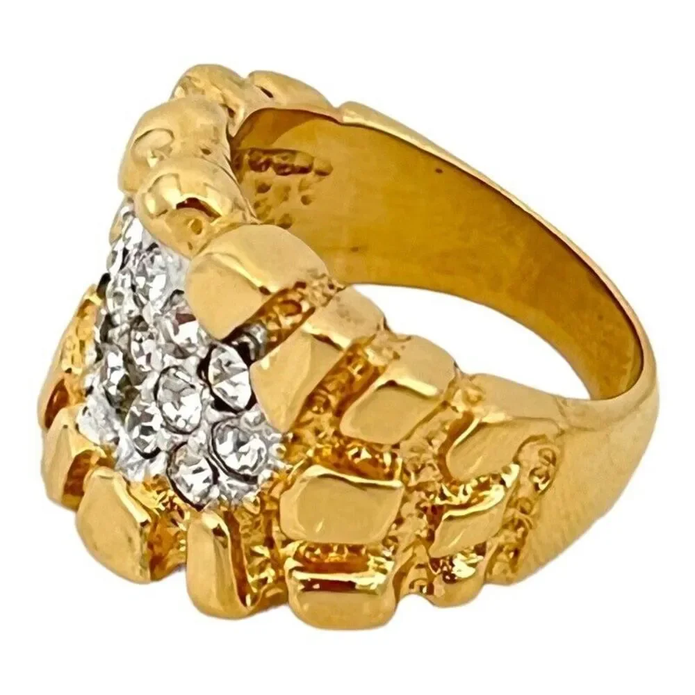 Vintage 1970s Nugget Ring Crystal Accents 14K Gold Plate Mens Size 9 - 5J